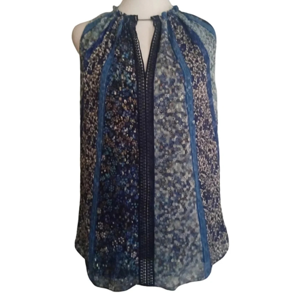 Tahari Blue Mixed Print Silk Sleeveless Blouse Ruffle Sleeve Size XS